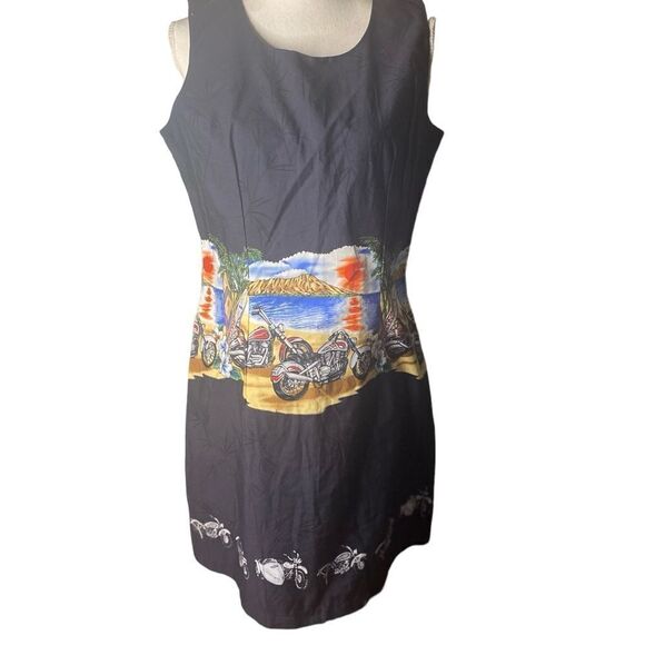 KY’S Wm’s Sz XL Black Motorcycle Biker Surf Board Beach Hawaiian Sheath Dress - Picture 1 of 5